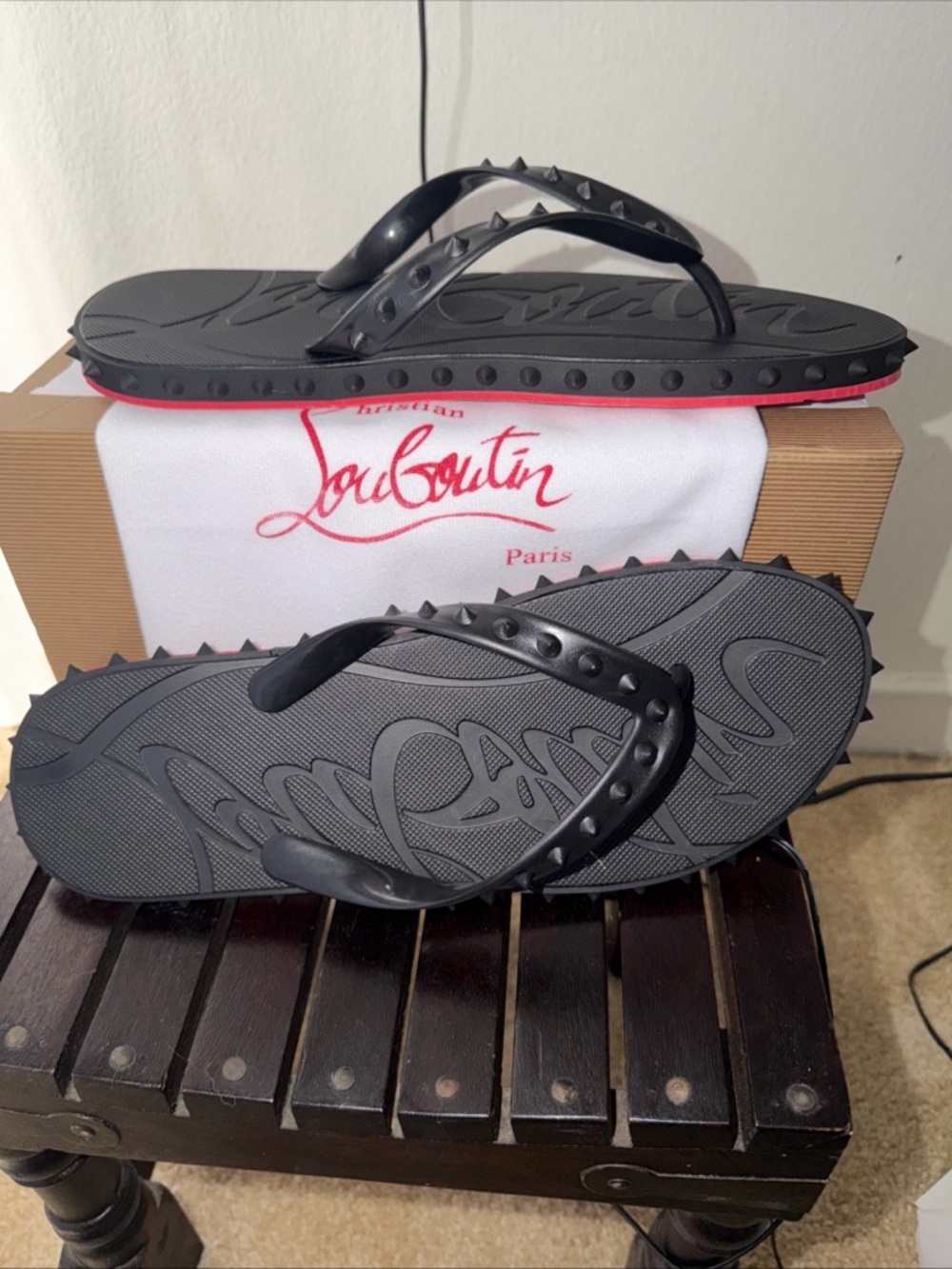 NEW NIB Christian Louboutin Black Spike Flip Flops with Signature Red Sole 11